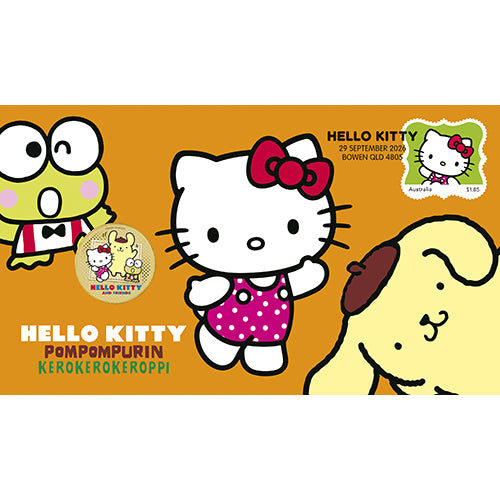 2026 $1 Hello Kitty, Pompompurin & Kerokerokeroppi Coin & Stamp Cover PNC Front
