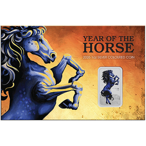 2026 $1 Lunar Horse 1oz Silver Bullion Coloured Minted Rectangular Coin in Card
