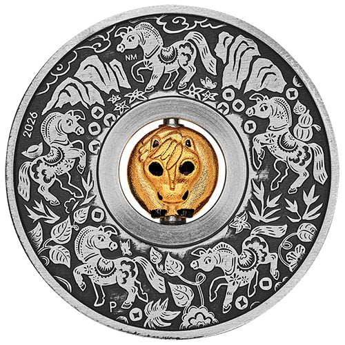 2026 $1 Year of the Horse Rotating Charm 1oz Silver Antiqued Coin