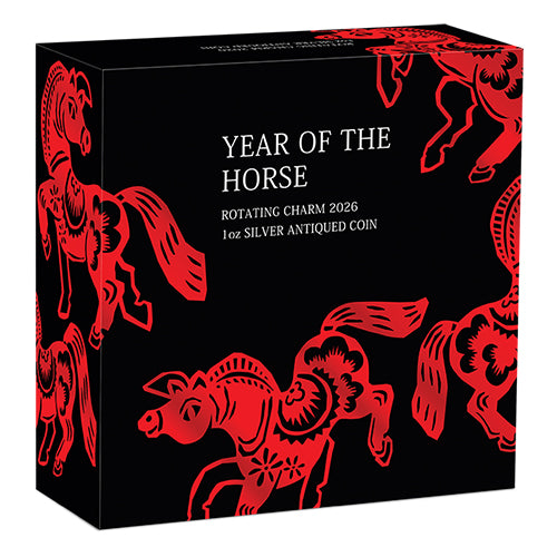 2026 $1 Year of the Horse Rotating Charm 1oz Silver Antiqued Coin Shipper