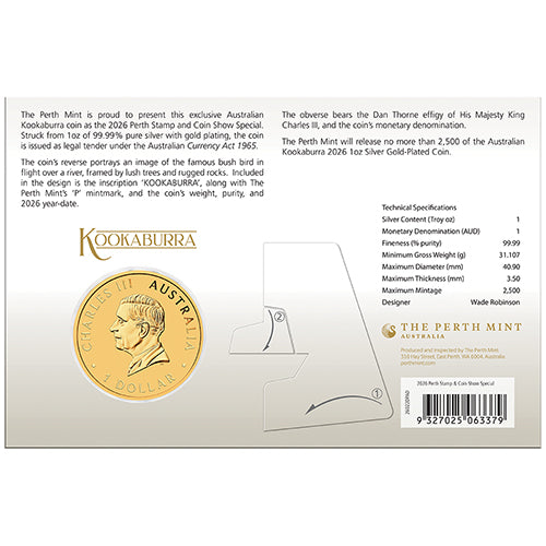 2026 $1  Australian Kookaburra 1oz Silver Gold-Plated Coin in Card Perth Stamp & Coin Show Issue Back