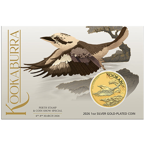 2026 $1  Australian Kookaburra 1oz Silver Gold-Plated Coin in Card Perth Stamp & Coin Show Issue Front