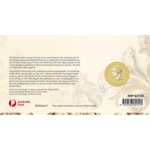 2026 $1 Queen Elizabeth II 100th Birthday Coin & Stamp Cover PNC Back