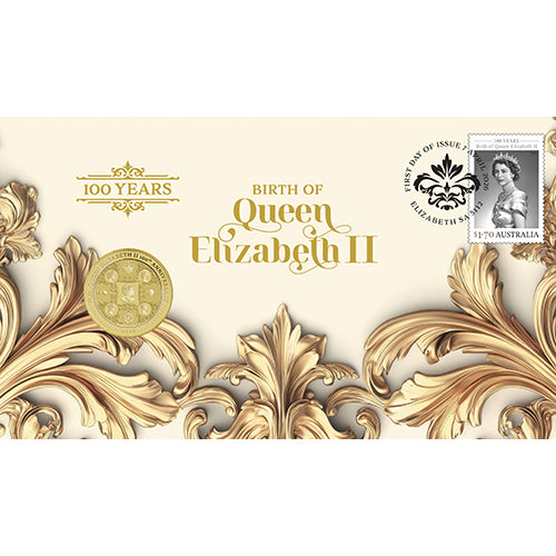 2026 $1 Queen Elizabeth II 100th Birthday Coin & Stamp Cover PNC Front
