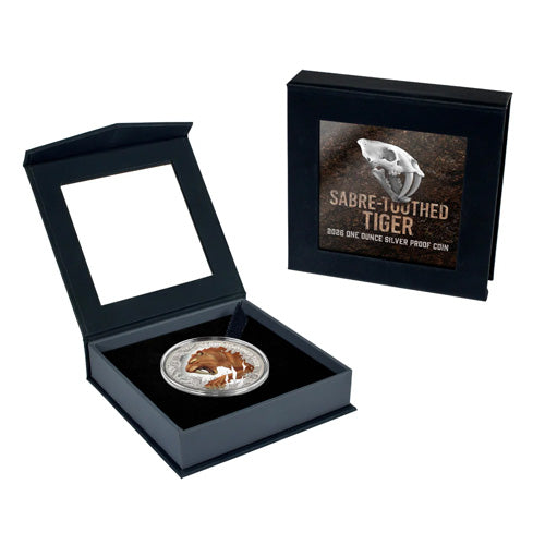 2026 $1 Sabre-Toothed Tiger 1oz Silver Proof Coloured Coin Case