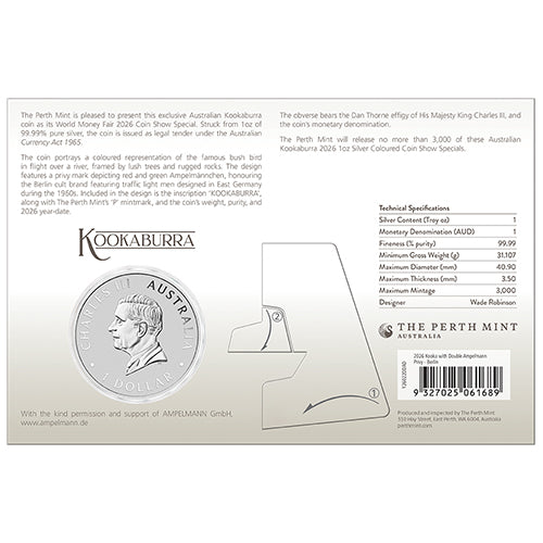 2026 $1  World Money Fair Berlin Show Special Australian Kookaburra with Double Amplemann Privymark 1oz Silver Coloured Coin in Card