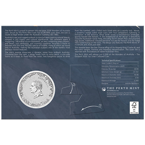 2026 $1 Wonders of Australia - The Outback 1oz Silver Coloured Coin in Card Back
