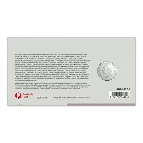 2026 20c Service Amid Strife - North Africa & Middle East Envelope Privy Mark Coloured Uncirculated Coin & Stamp Cover PNC Back
