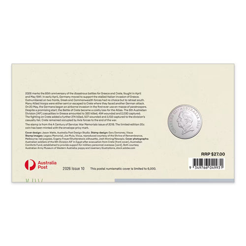 2026 20c Service Amid Strife - Greece & Crete Coloured Uncirculated Coin & Stamp Cover PNC Back