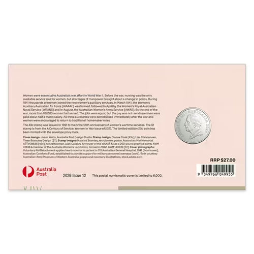 2026 20c Service Amid Strife - Women's Services Coloured Uncirculated Coin & Stamp Cover PNC Back