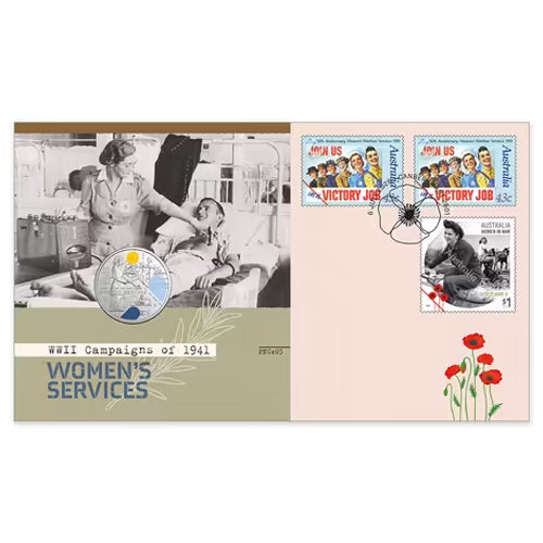 2026 20c Service Amid Strife - Women's Services Coloured Uncirculated Coin & Stamp Cover PNC Front