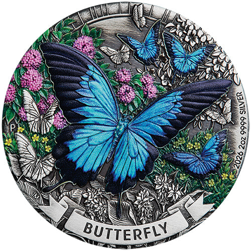 2026 $2 Butterfly 2oz Silver Antiqued Coloured Coin