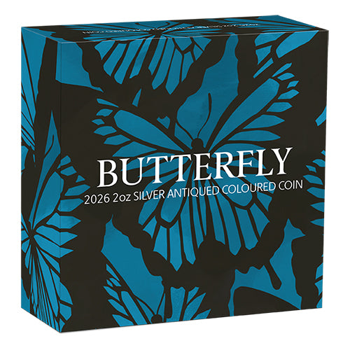 2026 $2 Butterfly 2oz Silver Antiqued Coloured Coin Shipper