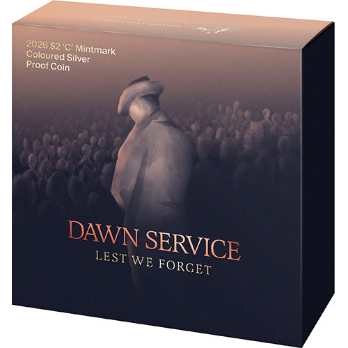 2026 $2 Dawn Service C Mintmark Coloured Silver Proof Coin Shipper Front