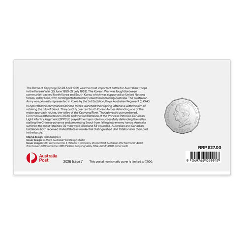 2026 50c 75th Anniversary of the Battle of Kapyong Coin & Stamp Cover PNC Back