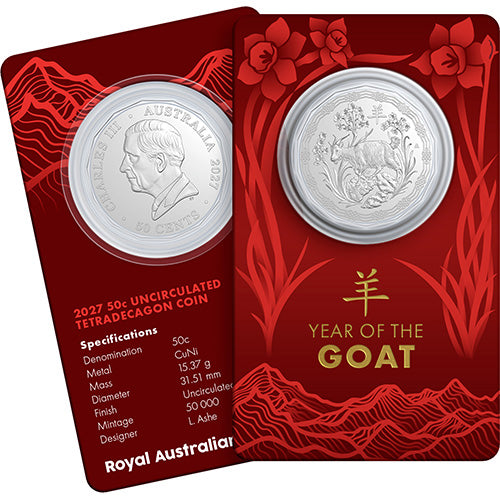 2027 50c Year of the Goat Tetradecagon Uncirculated Coin in Card
