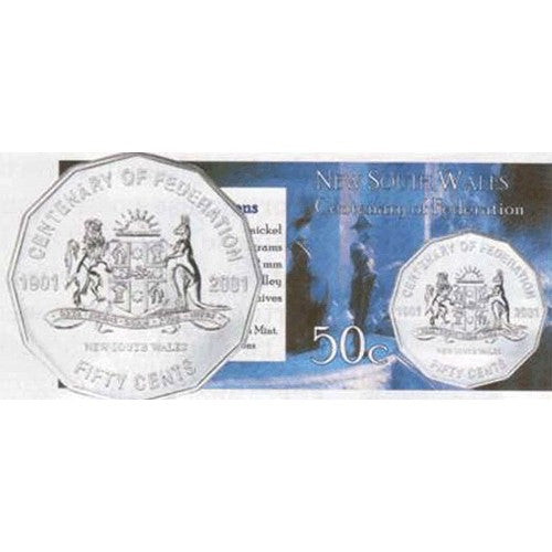 2001 50c New South Wales Centenary of Federation Unc Coin in Pack