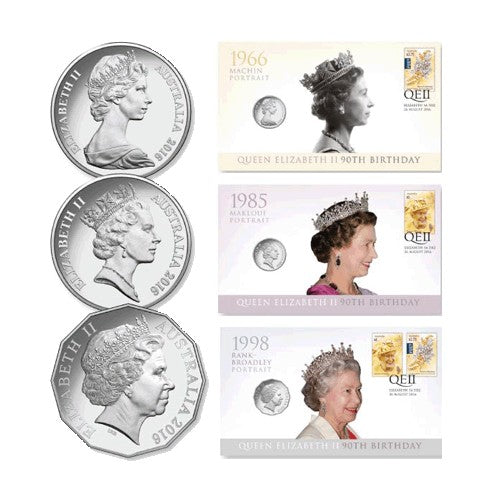 2016 Queens 90th Birthday - Effigy Set of 3 Coin & Stamp Covers PNC