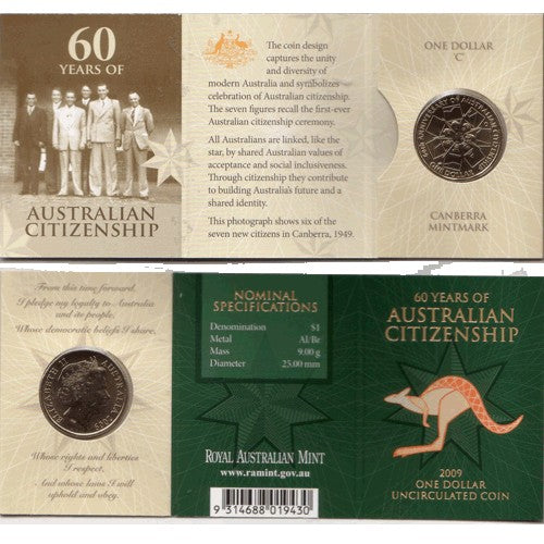 2009 $1 60 Years of Australian Citizenship C Mint Mark Unc Coin in RAM Card