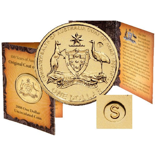 2008 $1 Australia's Coat of Arms S Counterstamp Coin in Card