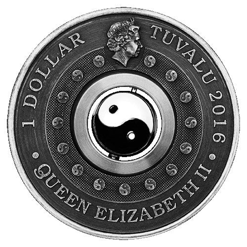 2016 $1 Yin Yang Rotating Charm 1oz Silver Antiqued Coin