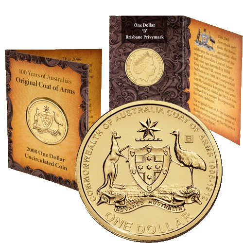 2008 $1 100 Years of Australian Coat of Arms B Privymark Uncirculated Coin in RAM Card