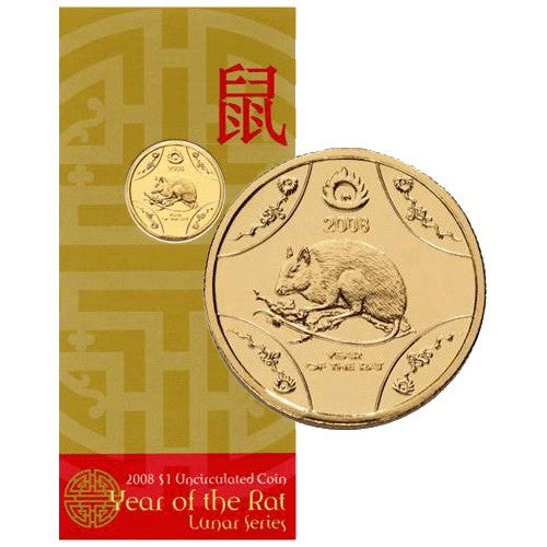 2008 $1 Lunar Year of the Rat / Mouse Al Br Uncirculated Coin in RAM Card