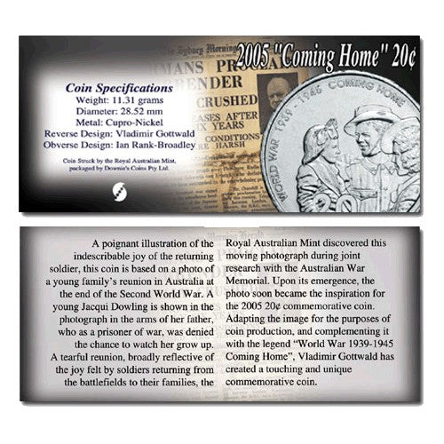 2005 20c Coming Home End of WWII Uncirculated Coin in Full Colour Pack