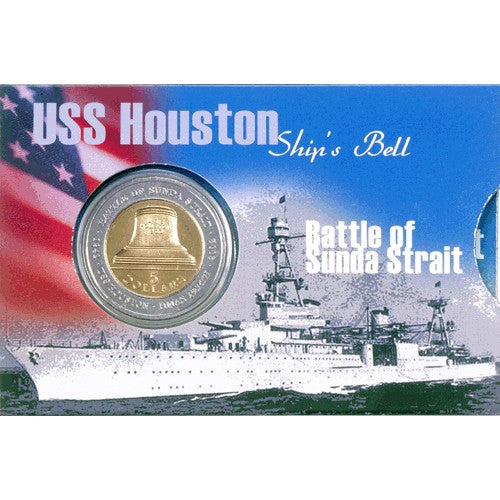 2002 $5 USS Houston - Ships Bell - Battle of Sunda Strait Bi-Metal Uncirculated Coin in RAKM Card