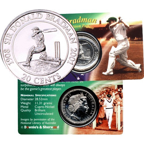 2001 20c Sir Donald Bradman Uncirculated Coin in Colour Card