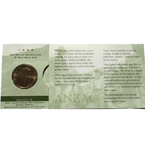 1999 $1 The Last Anzacs S Mintmark Uncirculated Coin in RAM Card