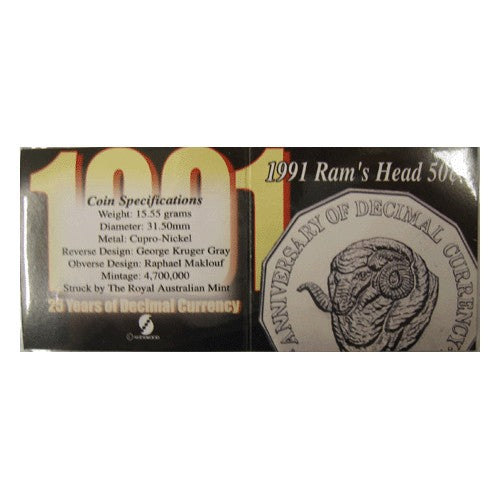 1991 50c Rams Head Uncirculated Coin in Pack