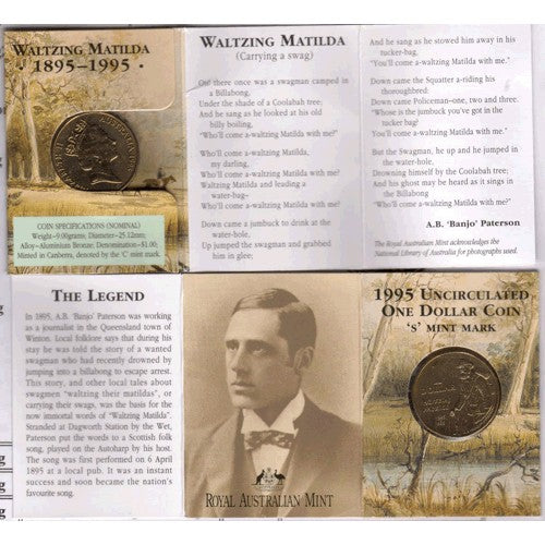 1995 $1 Waltzing Matilda C Mintmark Unc Coin in RAM Card