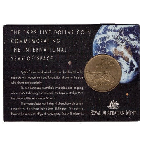 1992 $5 International Year of  Space Uncirculated Coin in Card