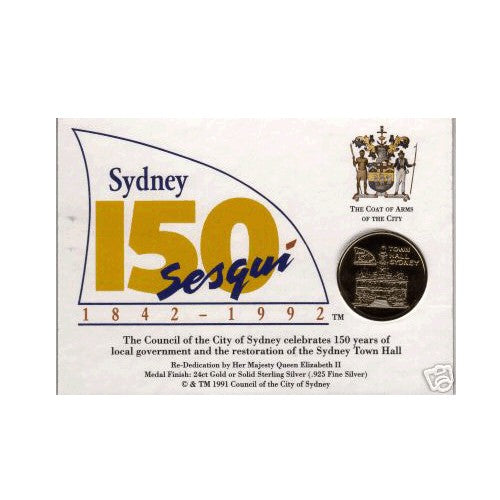 1992 Sydney Town Hall 24 Carat Gold Plated Sesqui Medal & Postcard