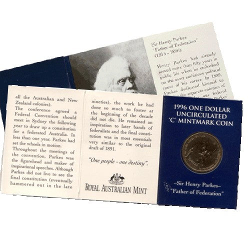 1996 $1 Sir Henry Parkes C Mintmark Unc Coin in RAM Card