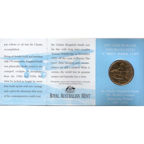 1997 $1 Sir Charles Kingsford Smith S Mintmark Unc Coin in RAM Card