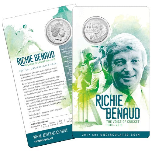 2017 50c Richie Benaud - The Voice of Cricket 1930 - 2015 Uncirculated Coin in Card