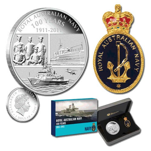 2011 $1 100 Years of the Royal Australian Navy Silver Coin & Badge Set