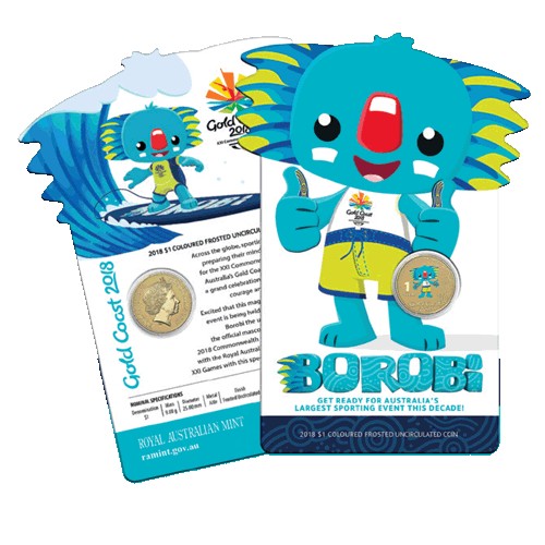 2018 $1 XXI Commonwealth Games - Borobi Coloured Frosted Unc Coin in Card