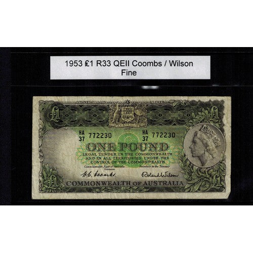 1953 One Pound R33 Coombs / Wilson General Prefix Fine Paper Australian Banknote