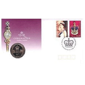 2003 50c Queens Coronation Coin & Stamp Cover PNC