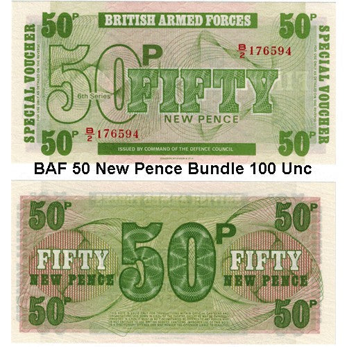 British Armed Forces 50 New Pence Bundle 100 Uncirculated Banknotes