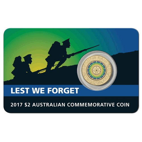 2017 $2 Lest We Forget Uncirculated Coloured Coin in Card