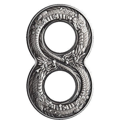 2018 $2 Figure Eight Dragon 2oz Silver Antiqued Coin