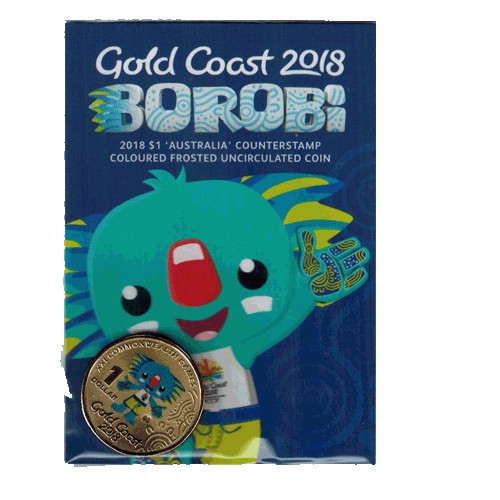 2018 $1 XXI Commonwealth Games - Borobi Coloured Frosted Australia Counterstamp Unc Coin