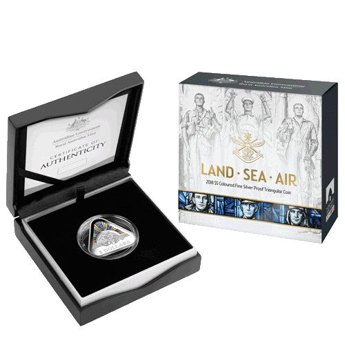 2018 $5 Land, Sea & Air Coloured Fine Silver Proof Triangular Coin