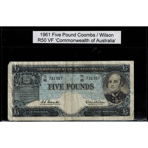 1961 Five Pound R50 Coombs / Wilson General Prefix VF Paper Australian Banknote