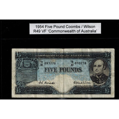 1954 Five Pound R49 Coombs / Wilson General Prefix VF Paper Australian Banknote
