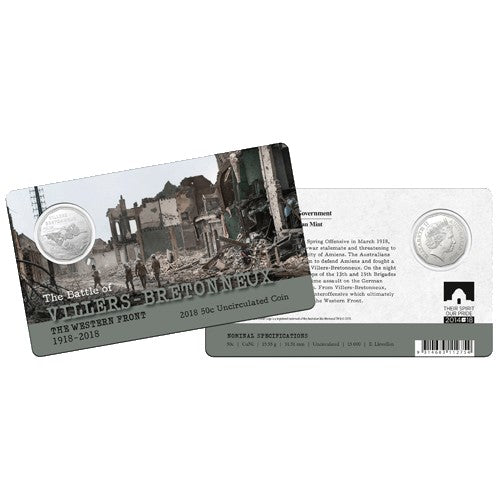 2018 50c The Western Front - Villers-Bretonneux 1918 - 2018 Unc Coin in Card